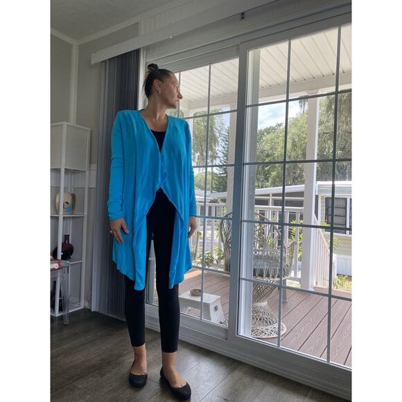 TORY BURCH Cardigan Blue Long Sleeve Open Front Draped Sweater L - Picture 2 of 12